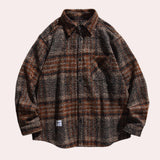 Men's brown plaid wool blend overshirt with a trendy streetwear design, featuring a collar, long sleeves, and a stylish pattern.