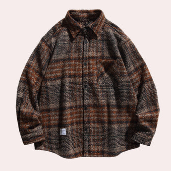 Men's brown plaid wool blend overshirt with a trendy streetwear design, featuring a collar, long sleeves, and a stylish pattern.