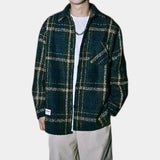 Men's navy plaid wool blend overshirt featuring a tartan pattern, with a structured collar and long sleeves, embodying a trendy streetwear style.