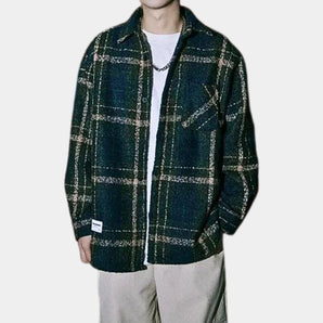 Men's navy plaid wool blend overshirt featuring a tartan pattern, with a structured collar and long sleeves, embodying a trendy streetwear style.