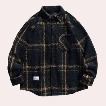 Men's navy plaid wool blend overshirt in electric blue, featuring a classic collar and long sleeves with a tartan plaid pattern, available in size XL.