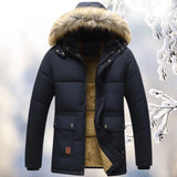 Men's navy quilted winter jacket with fur hood, luxury insulated parka, featuring long sleeves and a high neck.