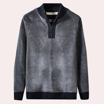 Men's navy striped zip-up sweater with red stripes, featuring a high collar and long sleeves, in a casual knitwear style, shown in marine blue size XL.