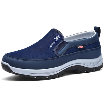 Men's navy slip-on walking shoes with a waterproof design, featuring a lightweight structure and anti-slip sole, ideal for outdoor and athletic use.