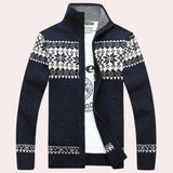 Men's dark blue Nordic wool sweater with snowflake pattern, featuring a turtleneck and long sleeves, shown in size XL.