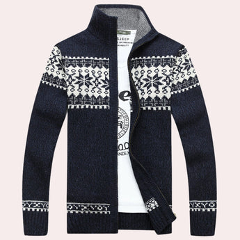Men's dark blue Nordic wool sweater with snowflake pattern, featuring a turtleneck and long sleeves, shown in size XL.