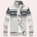 Men's dark blue wool sweater featuring a snowflake pattern with a turtleneck design, shown in XL size.