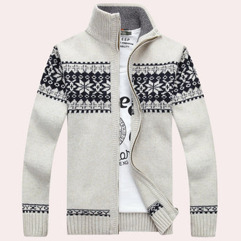 Men's dark blue wool sweater featuring a snowflake pattern with a turtleneck design, shown in XL size.