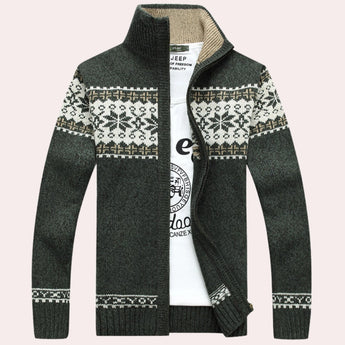 Men's dark blue Nordic wool sweater with a snowflake pattern, featuring a turtleneck and long sleeves.