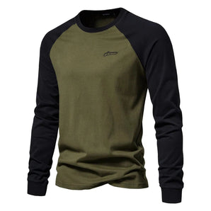 Men's olive green and black raglan sweatshirt with long sleeves and a round collar, designed for autumn wear.