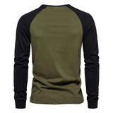 Men's olive green and black raglan sweatshirt, featuring long sleeves, a round neck, and contrasting design, ideal for autumn wear.
