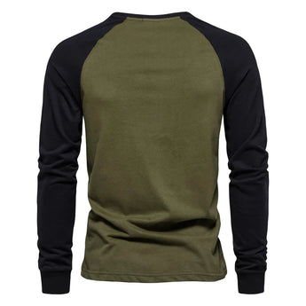 Men's olive green and black raglan sweatshirt, featuring long sleeves, a round neck, and contrasting design, ideal for autumn wear.