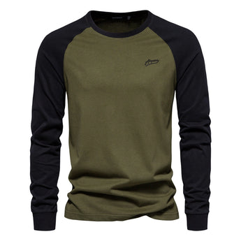 Men's olive green and black raglan sweatshirt, designed as a stylish autumn pullover. Features a military green body with contrasting black sleeves, a crew neck collar, and a comfortable fit, ideal for casual or sportswear occasions.