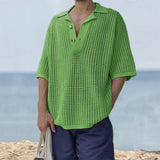 Men's olive green crochet polo shirt with a collared neckline and short sleeves, designed for summer wear. The fabric is eco-friendly and breathable, suitable for casual or sportswear occasions. Shown in size 3XL.