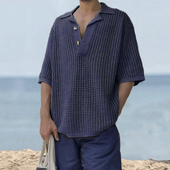 Men's dark blue crochet polo shirt, 3XL, with short sleeves and a breathable design suitable for summer wear.