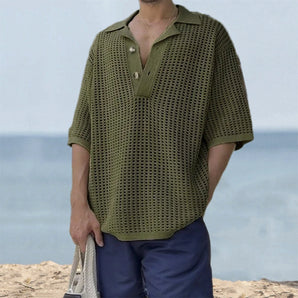 Men's olive green crochet polo shirt in a light green shade, featuring short sleeves and a classic collar; designed for summer wear with breathable, eco-friendly fabric.