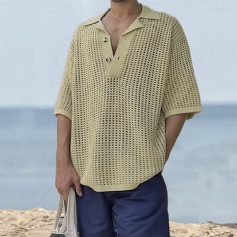 Men's olive green crochet polo shirt featuring a collar and short sleeves, designed with a breathable and eco-friendly fabric suitable for summer wear, displayed in a khaki color for size 3XL.