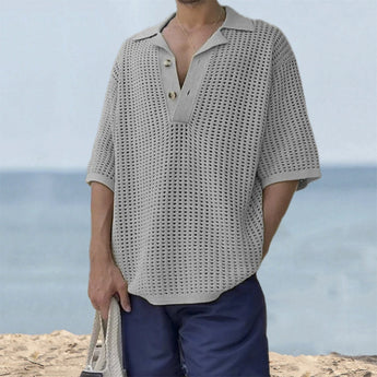 Men's gray crochet polo shirt in size 3XL, featuring a collar and short sleeves, styled with a breathable and eco-friendly fabric.
