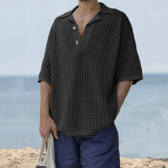 Men's olive green crochet polo shirt with short sleeves, featuring a breathable and eco-friendly fabric ideal for summer wear. The shirt includes a traditional collar and is designed in a relaxed fit suitable for a 3XL size, displayed on a black background.