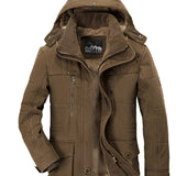 Men's coffee-colored fleece-lined tactical winter jacket in 5XL size, featuring long sleeves, a sturdy collar, multiple pockets, and a warm, durable outerwear design.