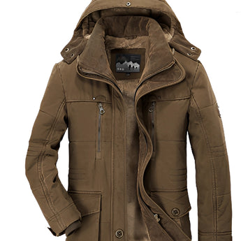Men's coffee-colored fleece-lined tactical winter jacket in 5XL size, featuring long sleeves, a sturdy collar, multiple pockets, and a warm, durable outerwear design.