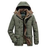 Men's olive green fleece-lined tactical winter jacket with pockets, featuring a fur-lined collar and long sleeves.