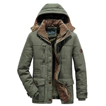 Men's olive green fleece-lined tactical winter jacket with pockets, featuring a fur-lined collar and long sleeves.