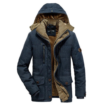 Men's dark blue fleece-lined tactical winter jacket with fur collar and long sleeves.