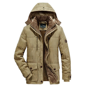 Men's olive green fleece-lined tactical winter jacket in khaki color, featuring a high collar, long sleeves, and multiple front pockets.