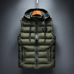Men's olive green hooded puffer vest, insulated and lightweight, displayed with a focus on the collar and design, in size 6XL.