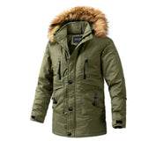 Men's olive green insulated parka with a fur-lined hood, featuring long sleeves and a cozy, natural material. The jacket is designed in an army green color, available in XXL size.