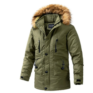 Men's olive green insulated parka with a fur-lined hood, featuring long sleeves and a cozy, natural material. The jacket is designed in an army green color, available in XXL size.