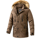 Men's olive green insulated parka with a fur-lined hood, shown in a brown XXL variant, featuring long sleeves and a stylish collar.