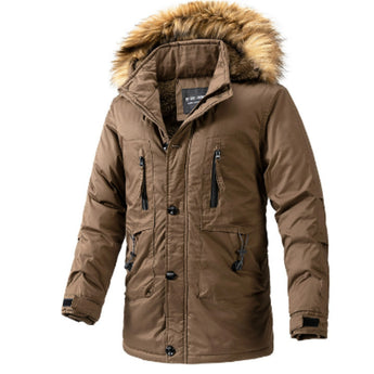 Men's olive green insulated parka with a fur-lined hood, shown in a brown XXL variant, featuring long sleeves and a stylish collar.