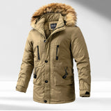 Men's olive green insulated parka with a fur hood, featuring long sleeves and a front zipper, shown in a beige color and size XXL.