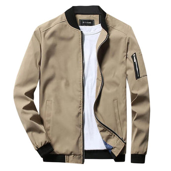 Men's olive green lightweight bomber jacket featuring a zipper pocket, shown in khaki color and size 3XL, with long sleeves and a classic collar.