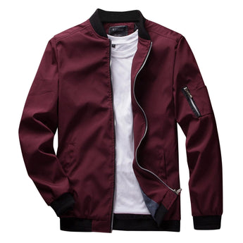 Men's olive green lightweight bomber jacket featuring a zipper pocket, with a classic design including a collar and long sleeves.