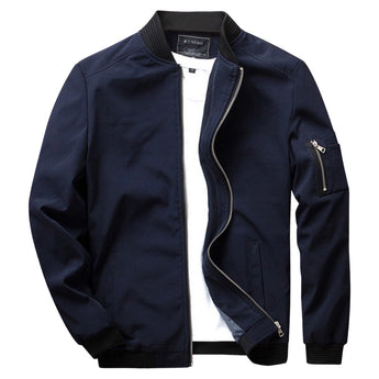 Men's dark blue lightweight bomber jacket in size 3XL, featuring a zipper pocket, long sleeves, and a classic collar.
