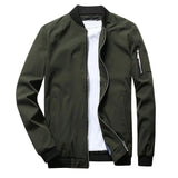 Men's olive green lightweight bomber jacket in light green, featuring a zipper pocket, long sleeves, and a collar.