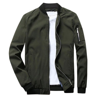 Men's olive green lightweight bomber jacket in light green, featuring a zipper pocket, long sleeves, and a collar.