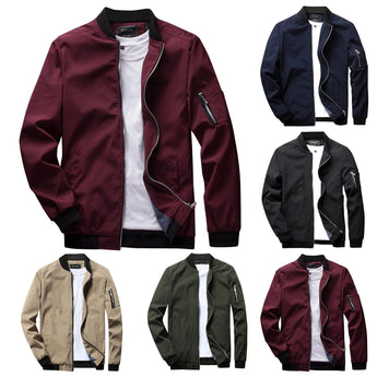 Men's olive green lightweight bomber jacket featuring a zipper pocket, with a stylish collar and long sleeves, displayed against a white background.