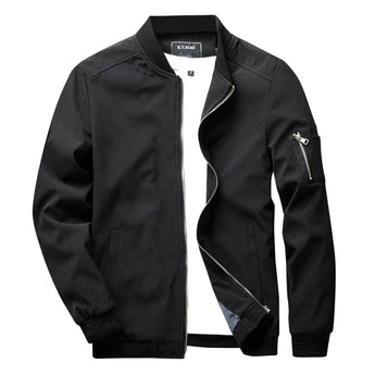 Men's olive green lightweight bomber jacket with a zipper pocket, featuring a front zipper closure, ribbed collar and cuffs, and designed for a casual yet stylish look.