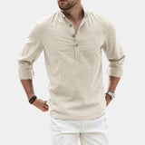Men's olive green linen blend long sleeve mandarin collar shirt with visible neck and sleeve details, shown in a beige color and 3XL size.