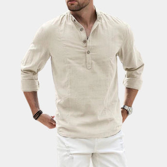 Men's olive green linen blend long sleeve mandarin collar shirt with visible neck and sleeve details, shown in a beige color and 3XL size.