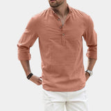 Men's olive green linen blend long sleeve mandarin collar shirt worn by a person, showcasing the front view with focus on the unique collar design.