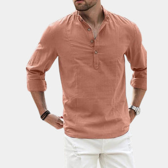 Men's olive green linen blend long sleeve mandarin collar shirt worn by a person, showcasing the front view with focus on the unique collar design.