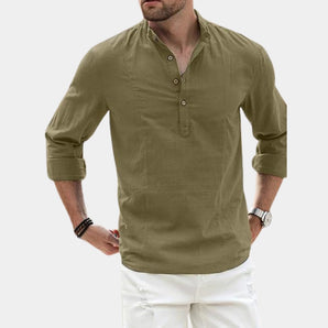 Men's olive green linen blend long sleeve shirt with a mandarin collar, shown in size 3XL, featuring a relaxed fit and button-up design.
