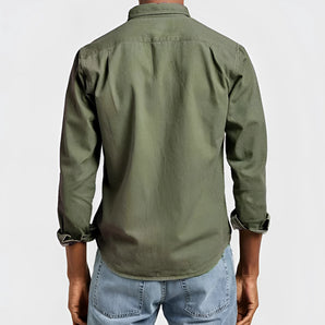 Men's olive green long-sleeve rugged outdoor shirt with a collar, featuring a casual yet durable design suitable for outdoor activities.