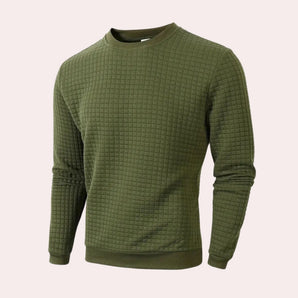 Men's olive green quilted crew neck sweater with long sleeves, featuring a lightweight knit design.