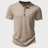 Men's olive green slim fit Henley shirt in khaki color, featuring a buttoned collar and short sleeves.